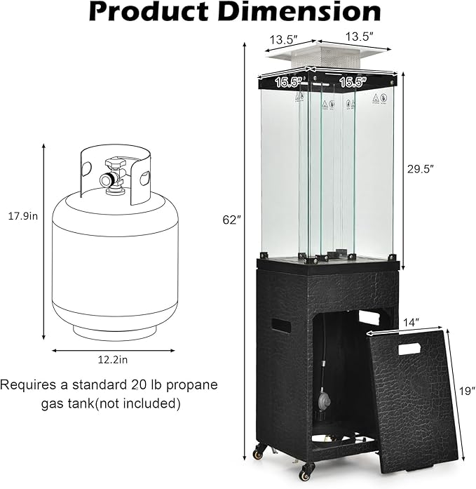 Tangkula 41,000 BTU Propane Patio Heater with Waterproof Cover, Outdoor Heater with Lockable Wheels, Adjustable Feet, Tempered Glass Tube, Suitable for Garden Porch Patio Deck (Black)