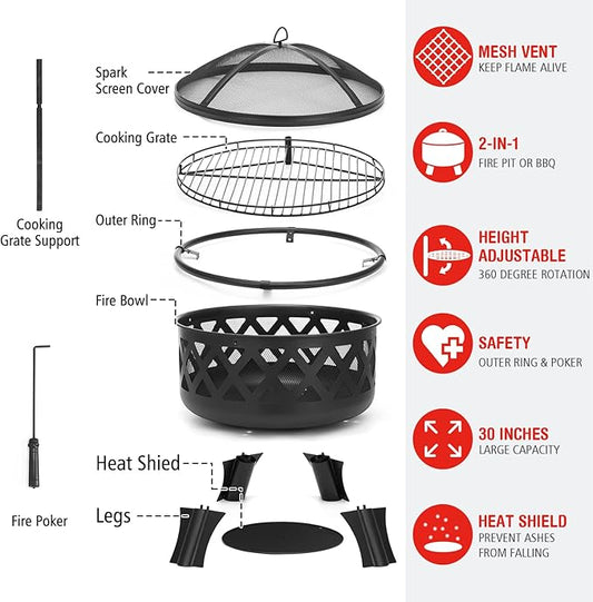 SINGLYFIRE 30 Inch Fire Pits for Outside with Grill Outdoor Wood Burning Firepit Large Steel Firepit Bowl for Patio Backyard Picnic Garden with Swivel BBQ Grill, Ash Plate,Spark Screen, Poker