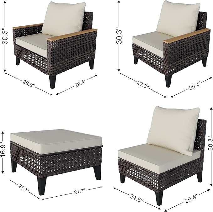 14 Pieces Patio Furniture Set, Wicker Rattan Outdoor Conversation Sets with Footstool, Modular Sectional Seating Set 2 Three Seater Sofa & 4 Single Armchairs & 4 Ottomans for Home (Beige Cushions)