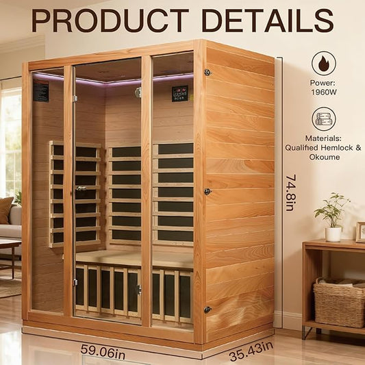 3 Person Infrared Sauna for Home, 1960W Low EMF Indoor Sauna with Chromotherapy Lighting, Bluetooth & Reading Light - Enhances Relaxation & Stress Relief, 59.06 * 35.43 * 74.8 Inch