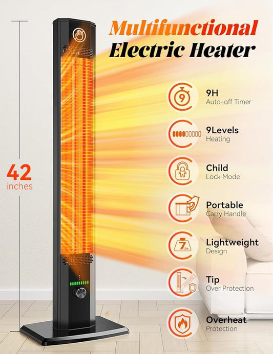 42INCH Outdoor Heater, 9Heat Levels & 540Min Timer, Child Safety Lock, IP65 Waterproof Garage Heater, 1500W Infrared Heating,Tip-Over&Overheat Protection,Patio Heaters for Outdoor Use Indoor