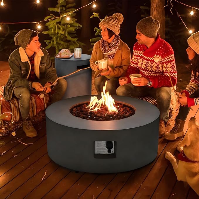 36" Round Propane Fire Pit Table,50,000 BTU Outdoor Concrete Gas Firepit with Lava Rocks & Rain Cover,Modern Patio Coffee Table for Backyard and Deck