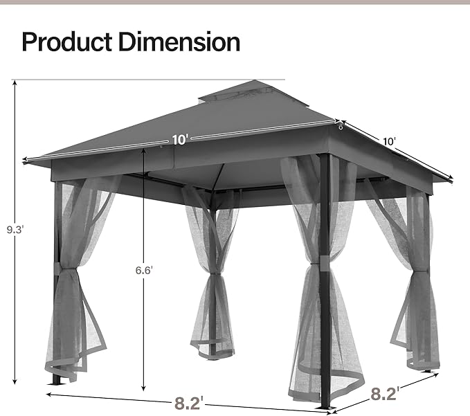 LAUSAINT HOME 10' X 10' Waterproof Patio Gazebo with Mosquito Netting, Double Roof Outdoor Gazebo Pavilion Shelter for Backyard, Garden, Lawn, Wedding (Grey)