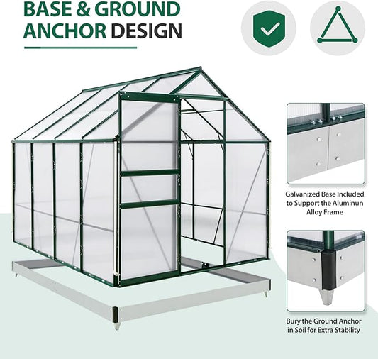 EAGLE PEAK 6x8x7 Outdoor Walk-in Hobby Greenhouse with Adjustable Roof Vent and Rain Gutter, Base and Anchor, Polycarbonate Aluminum Green House for Backyard Garden, Dark Green