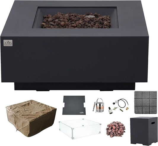 AMS Creations | Brooklyn 40" Bundle Square Propane Gas Outdoor Fire Pit Table | Dark Gray Concrete GFRC Smooth Texture Surface Fire Pit Table