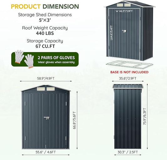 Breezz 5x3FT Vertical Outdoor Steel Storage Shed,Lockable Doors, Compact Metal Tool Shed for Garden, Backyard, Patio, Utility, and Bike Storage,Nightblue