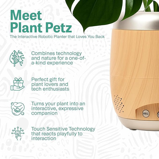 PLANTPETZ Large Robotic Planter – Smart Planter Fits 4 Inch Pots | Bluetooth Speaker | Interactive Smart Plant Pot Turns A Real Plant Into a Touch/Motion Responsive Companion - Sequoia Woodgrain