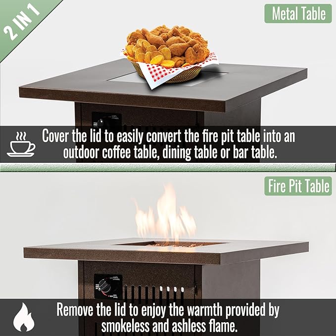 Propane Fire Pit Table, 28" Firepits for Outside, Gas Fire Pit for Outside Patio, Propane Fire Table with Steel Lid, Rocks for Deck, Backyard, 50000BTU, Tank Inside, Tank Not Included, Brown