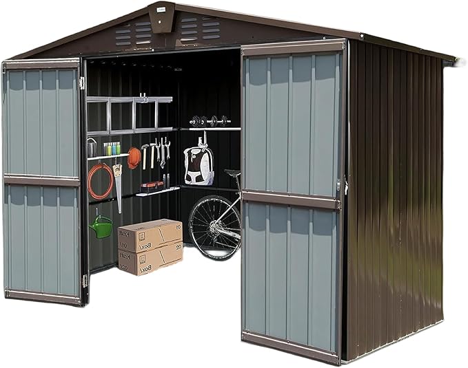 10x8ft Outdoor Storage Shed, Galvanized Steel Garden Shed with Gable Roof, Lockable Double Doors and 32 Vents, Large Bike and Tool Storage for Backyard Lawn