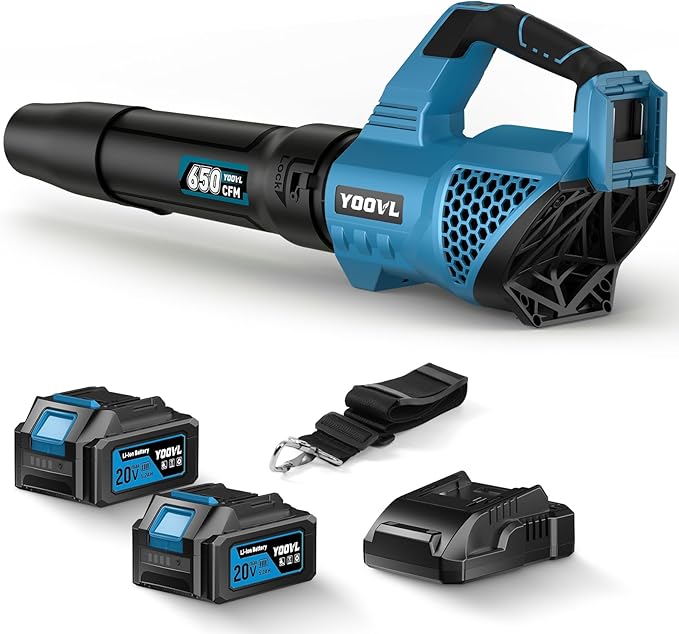 Leaf Blower Cordless, 650CFM Electric Leaf Blowers with 2 x 5.2Ah Batteries and Charger, 3 Speed Modes, 1 x Adjustable Shoulder Strap, Powerful Blowers for Lawn Care, Patio, Dust, Blowing Leaves