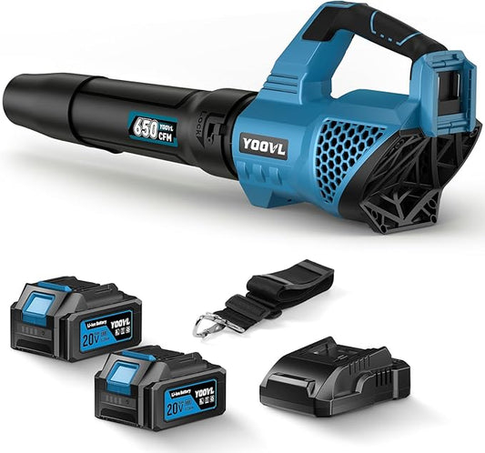 Leaf Blower Cordless, 650CFM Electric Leaf Blowers with 2 x 5.2Ah Batteries and Charger, 3 Speed Modes, 1 x Adjustable Shoulder Strap, Powerful Blowers for Lawn Care, Patio, Dust, Blowing Leaves