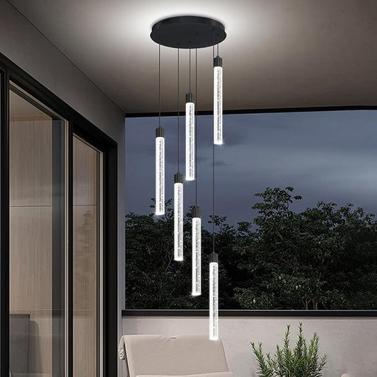 6-Light Black Modern Crystal Spiral Chandelier for Staircase High Ceiling Chandeliers Bubble Crystal Chandelier Lighting Cluster Hanging Light Fixture for Living Room Foyer