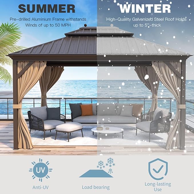 MELLCOM 12' x 14' Hardtop Gazebo, Brown Permanent Pavilion Gazebos with Curtains and Netting, Galvanized Steel Metal Double Roof with Aluminum Frame for Patios, Gardens, Lawns