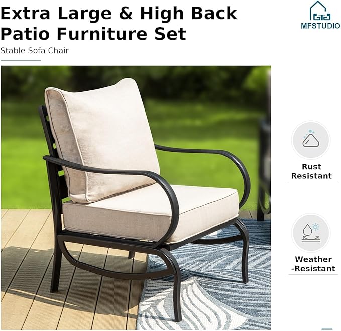 MFSTUDIO 5 Pieces Patio Conversation Sets, Outdoor Metal Furniture Sofas with 1 x 28 50,000 BTU Square Propane Fire Table and 4 x Wrought Iron Frame Sofa Chairs with Beige Cushion