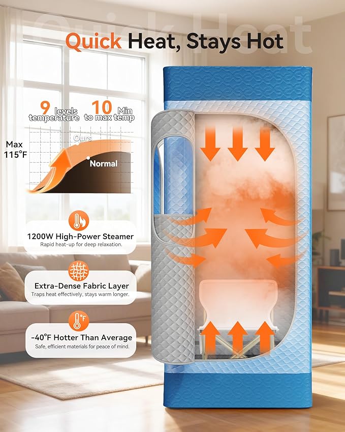 Sauna Box, Upgraded Portable Sauna for Home 5Layer Waterproof,3L 1200W Steamer,9 Levels,Dual YKK Zippers,Big Folding Chair,99 Mins Timer,Remote Control,Steam Sauna Room Personal Saunas Tent,Light Blue