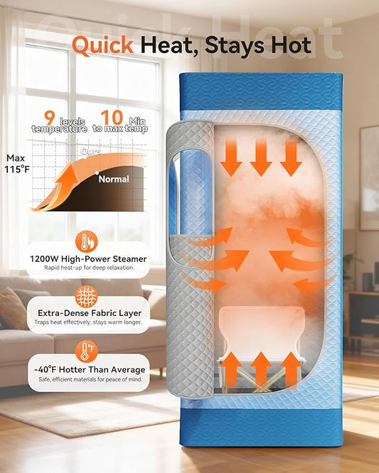 Sauna Box, Upgraded Portable Sauna for Home 5Layer Waterproof,3L 1200W Steamer,9 Levels,Dual YKK Zippers,Big Folding Chair,99 Mins Timer,Remote Control,Steam Sauna Room Personal Saunas Tent,Light Blue