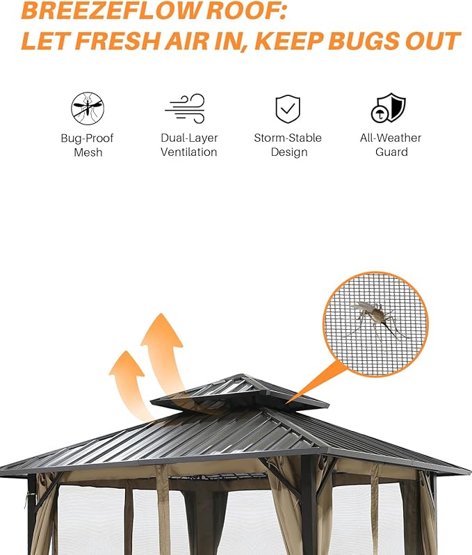 SEEHILL 12' x 12' Hardtop Gazebo, Aluminum Frame Patio Hardtop Gazebos with Netting and Curtain, Outdoor Patio Pergola, Outdoor Patio Gazebo with Double Metal Roofs for Lawns, Garden, Deck, Sandstone