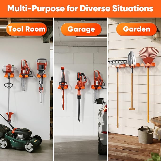 POKIPO Weedeater Hanger,4 Pack Garage Tool Organizer Storage Trimmer Rack for Open Trailer, Heavy Duty Metal Grass String Weed Wacker Eater Holder Wall Mount Loads 25lbs,Garden Hooks for Most Tools