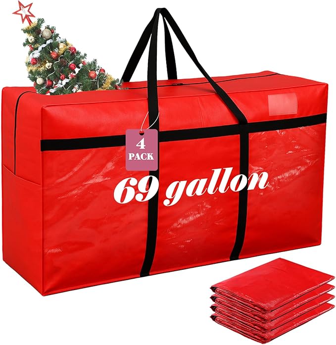 Windyun 4 Pack 69 Gallon Extra Large Storage Bags XXL Moving Bags with Zipper Handles Heavy Duty Jumbo Big Tote Box for Christmas Tree Storage 4, 5, 7.5, 9, 10, 12 ft Skeleton College Dorm(Red)
