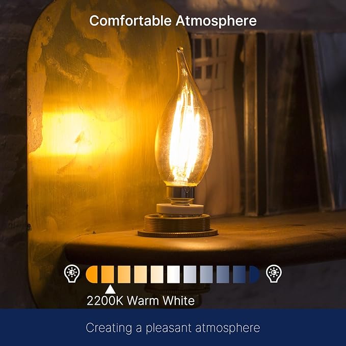 FLSNT CA11 E12 LED Chandelier Light Bulbs 40W Equivalent, Dimmable LED Candelabra Bulbs, 2200K Warm White, 330LM, Amber Glass, 12 Pack UL,CA65 Listed.