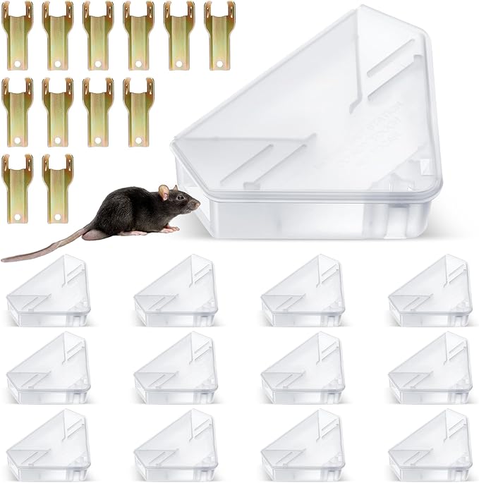 12 Pack Mouse Bait Stations, Reusable Mice Bait Station with Keys, Small Rats Poisoning Station Box for Indoor Outdoor Kitchen Garage, Safe for Kids and Pets, Bait Not Included, Clear