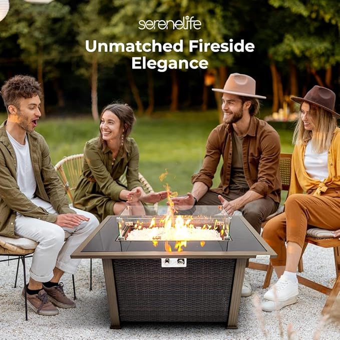 SereneLife 43.5-Inch Outdoor Propane Fire Pit Table – 50,000 BTU, Tempered Glass Wind Guard, Sliding Door, Auto-Ignition, Stainless Steel Burner, Waterproof Cover – Ideal for Patio, Garden & Backyard