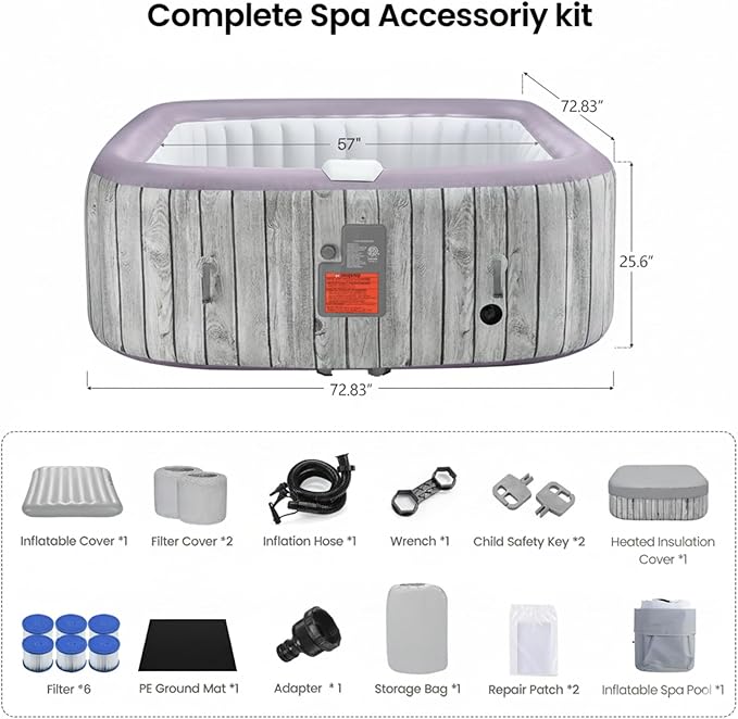 4-6 Person Inflatable Hot Tub, Portable Outdoor Spa with 130 Air Jets, Circulation Heating & Filter System, PVC Blow Up Tub for Backyard & Patio (Square)
