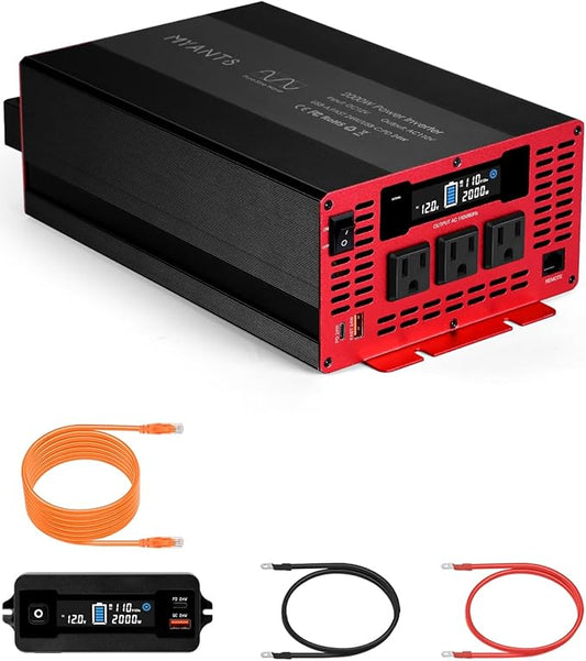 2000W Power Inverter Pure Sine Wave 12V DC to 110V 120V AC Converter, 4000W Peak Power Car Inverter with 3 AC Outlets,2 USB & Type-C,Remote Control LCD Display for Truck, RV, Vehicles, Solar Off-Grid