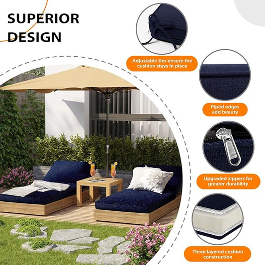 Sundale Outdoor Olefin Chaise Lounge Cushion Set of 2, Water-Resistant Patio Lounge Chair Cushion, Thick Lounger Pad with 4 Straps Navy Blue, 72 x 21 x 4 Inches