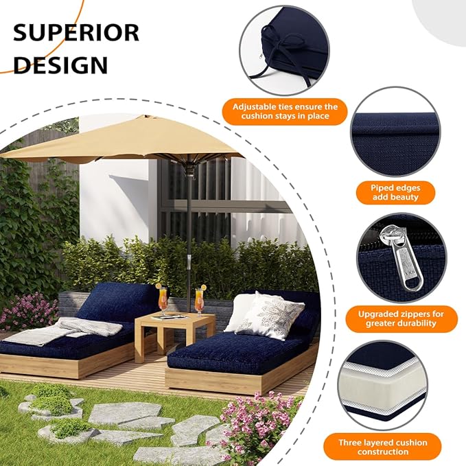 Sundale Outdoor Olefin Chaise Lounge Cushion, Water-Resistant Patio Lounge Chair Cushion, Thick Lounger Pad with 4 Straps Navy Blue, 72 x 21 x 4 Inches