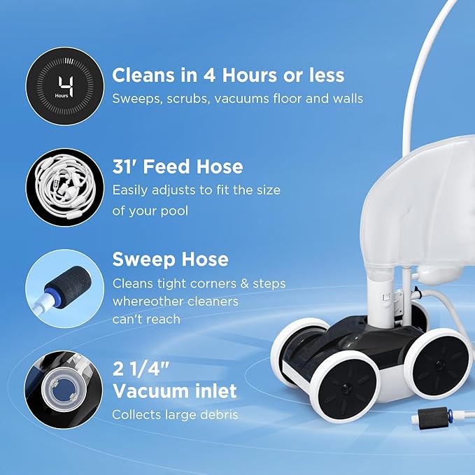 MAKHOON Upgrade Pool Pressure Side Sweeper: Professional Solution for Cleaning Your Swimming Pool (Four Wheels are Better Than Three) Need 1.5" Female Thread Pool Booster Pump Inlet, 4 Bar Pressure