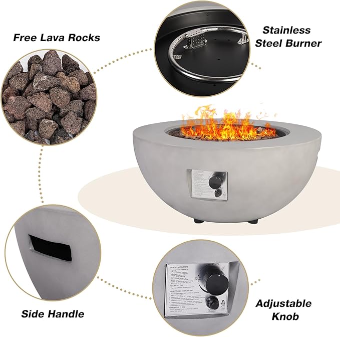 31.5" Round Propane Fire Pit Table,50,000 BTU Outdoor Concrete Gas Firepit with Lava Rocks & Rain Cover,Modern Patio Coffee Table for Backyard and Deck