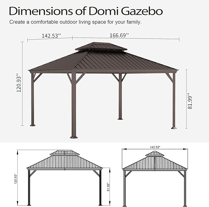 Domi 12x14FT Outdoor Gazebo, Hardtop Gazebo with Galvanized Steel Double Roof, Metal Gazebos with Drainage System Patio Pergola for Patio Deck Backyard,Curtain and Netting,Brown