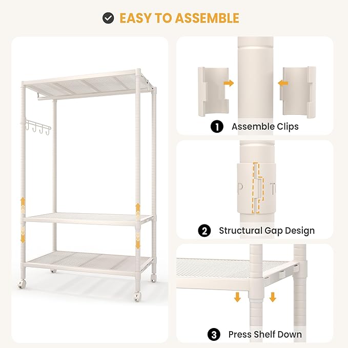 Heavy Duty Rolling Clothes Rack, 3-Tier Adjustable Garment Racks with Rods and Side Hooks, Freestanding Storage Closet Clothing Rack with Wheels for Bedroom Laundry Room Organization, White