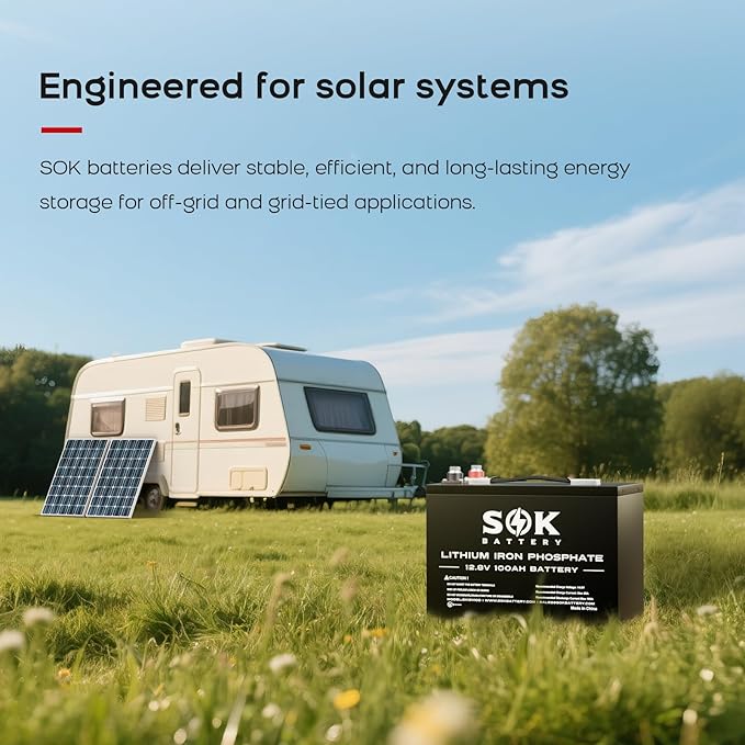 SOK Battery 100Ah 12V 2-Pack LiFePO4 Deep Cycle Lithium Iron Phosphate Batteries - Ideal for RVs & Off-Grid Use with Low-Temperature Protection.
