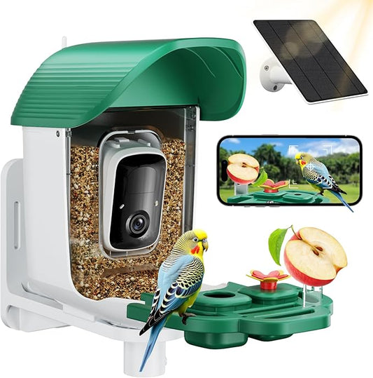 Bird Feeder with Camera, Solar Powered Outdoor Birdhouse, 2K HD AI Smart Identify Birds Species, Instant Motion Detection & Alerts, Capture BirdVideo, Gifts for Mom Dad and Bird-Lovers(Green)