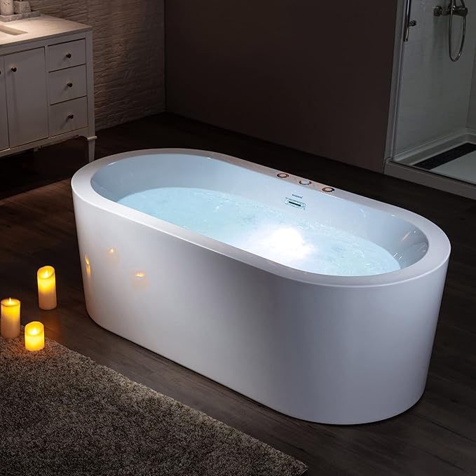 WOODBRIDGE 66-1/2" x 31-7/8" Whirlpool Water Jetted and Air Bubble Freestanding Heated Soaking Combination Bathtub,BJ-200