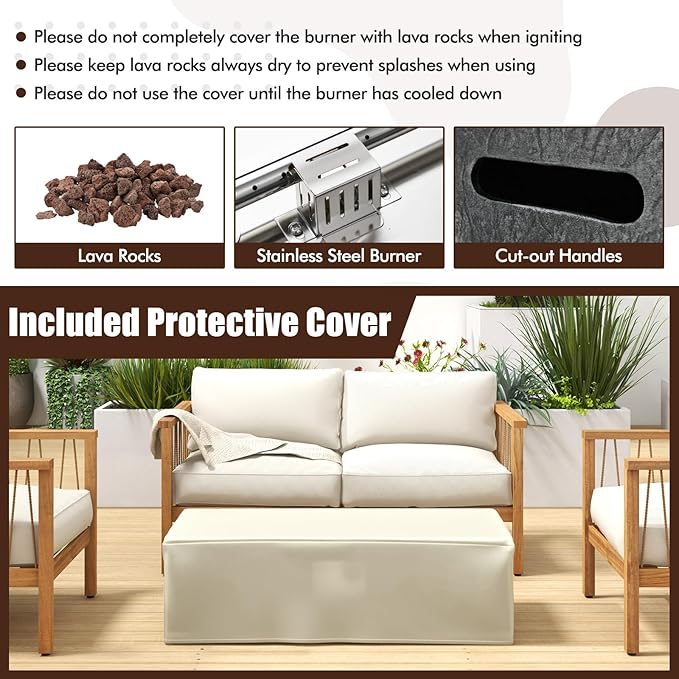 Tangkula 42.5 Inches Outdoor Propane Fire Pit Table, 50,000 BTU Rectangular Magnesium Oxide Gas Firepit with Stainless Steel Burner, Lava Rock and Protective Cover