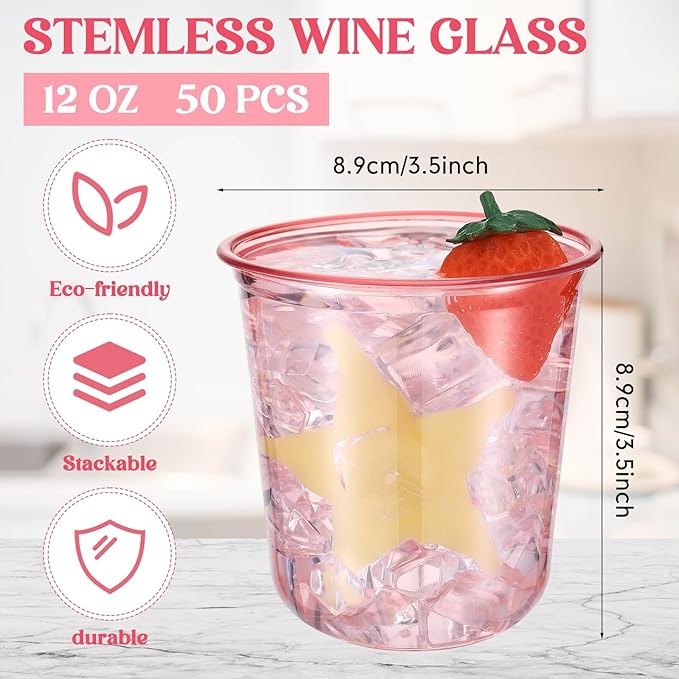 50 Pcs Disposable Stemless Glasses 12oz Crystal Plastic Wine Glasses Clear Classic Pet Cup for Meeting Weddings Birthdays Cocktail Christmas Party Supplies (Pink)