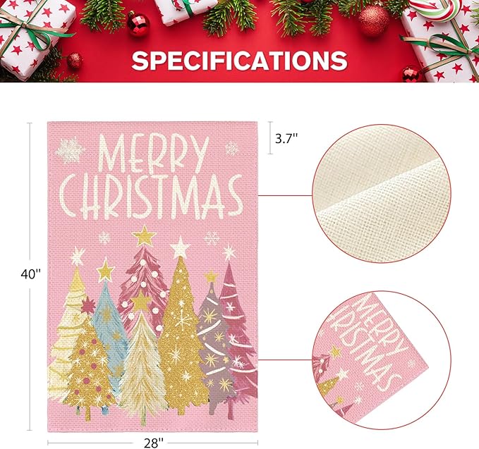 AVOIN colorlife Merry Christmas House Flag 28x40 Inch Double Sided Outside, Christmas Trees Winter Holiday Yard Outdoor Flag Pink