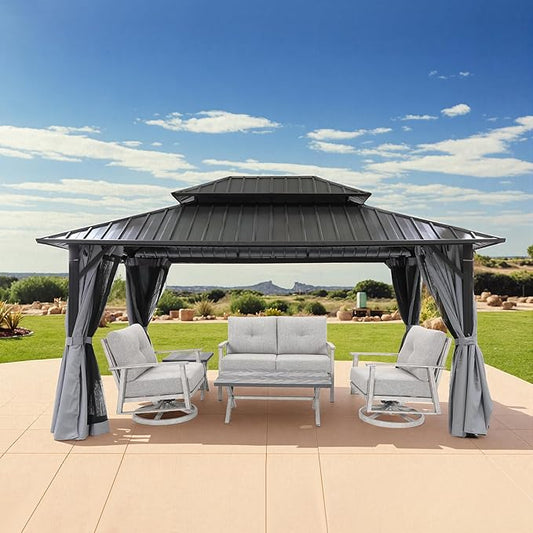 SEEHILL 12' x 16' Hardtop Gazebo, Outdoor Patio Gazebo, Aluminum Frame Patio Hardtop Gazebos with Netting and Curtain, Outdoor Patio Pergola with Double Steel Roofs for Deck, Lawns, Garden, Slate Gray