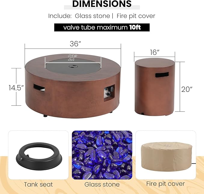 SUNSITT Outdoor 36" Propane Fire Pit with Tank Table 50,000 BTU Round Patio Propane Firepit Table with Tank Holder, Pit Cover, Metal Lid & Fire Glass, Bronze