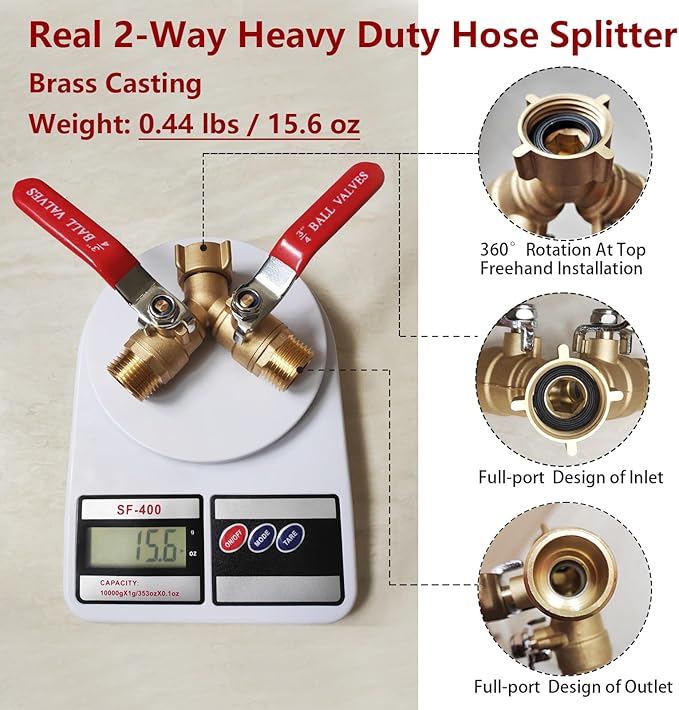 Garden Hose Splitter 2 Way,Brass Water Hose Splitter with Stainless Steel Long Handle,Outdoor Full Flow Hose Splitter Connector,Y Valve 3/4 Inch GHT Thread（Freehand Installation Version）