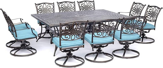 Hanover Traditions 11-Piece Modern Outdoor Dining Set with Rust Resistant Cast Aluminum Rectangular Large Dining Table and 10 Swivel Rocker Chairs with Plush Weather Resistant Blue Cushions