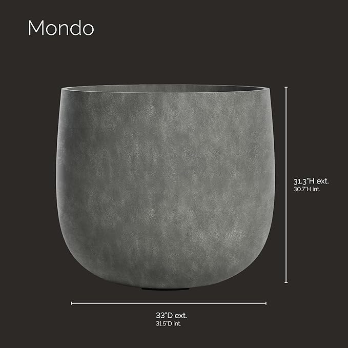 Mondo Large Planter – Grey Stone Finish – Fiberglass Indoor/Outdoor and Weather-Resistant Round Planter (33" D x 31.3" H Exterior, 31.5" D x 30.7" H Interior)