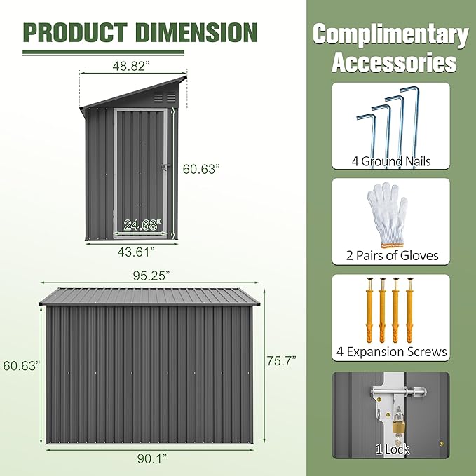 4x8 FT Lean to Metal Shed,Outdoor Storage Shed W/Floor Frame & Reversible Installation,All Weather Waterproof Garden Tool House W/Lockable Door & 2 Air Vents,for Backyard,Patio,Lawn,Gray