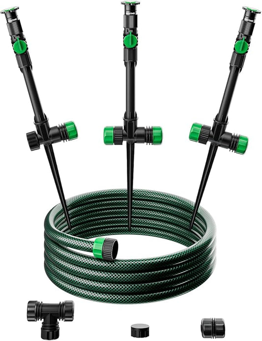 RESTMO Flexible Sprinkler System with Metal Spike Base, Above Ground DIY Irrigation Kit, Multi-Adjustable Lawn Sprinkler Set, Ideal for Plant and Flower Bed Watering, 30ft Garden Hose Included