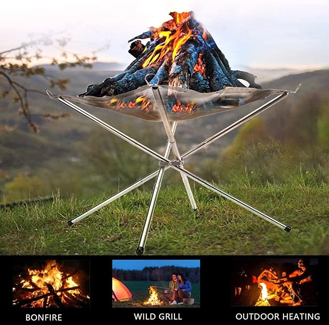 22inch Portable Fire Pit Outdoor for Camping, Folding Steel Mesh Fireplace with Carry Bag for Outdoor Hiking Camping Survival BBQ Picnic