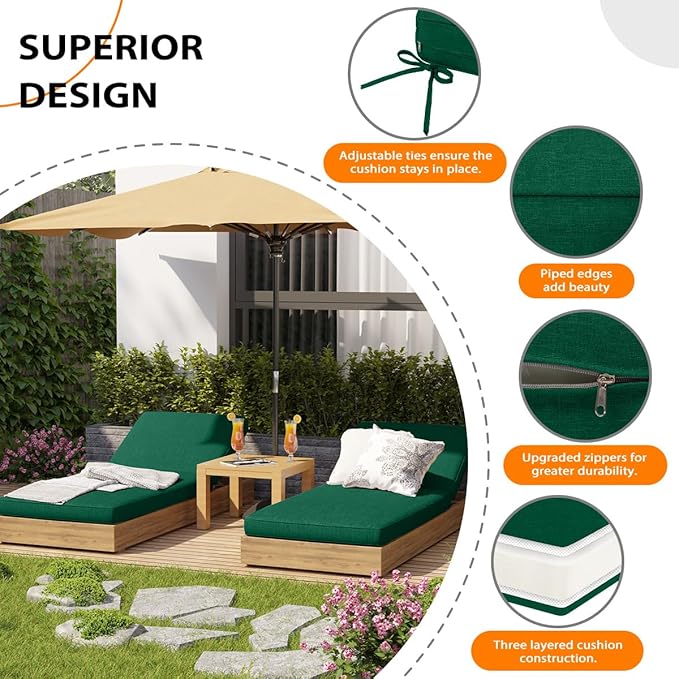 Sundale Outdoor Olefin Chaise Lounge Cushion Set of 2, Water-Resistant Patio Lounge Chair Cushion, Thick Lounger Pad with 4 Straps Dark Green, 80 x 26 x 4 Inches