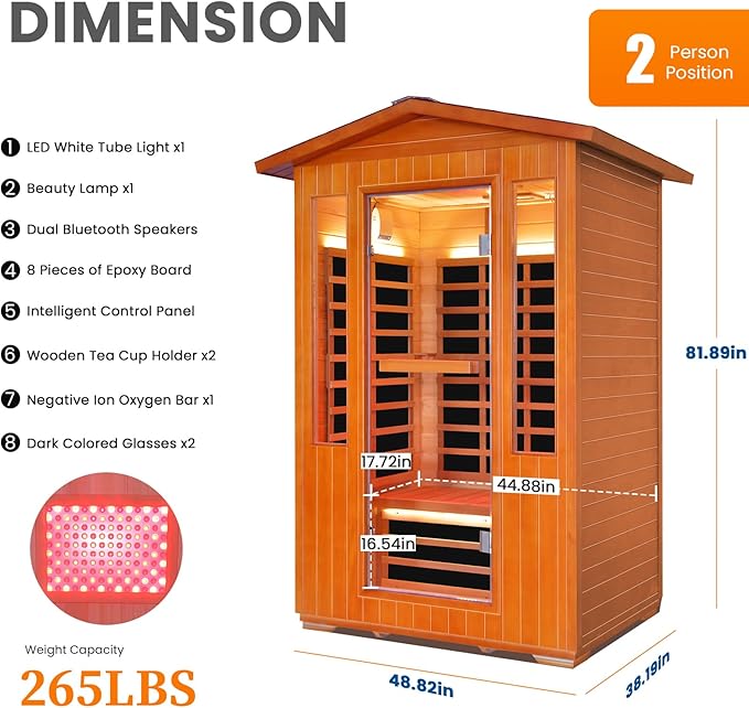 Outdoor Sauna 2 Person Sauna Infrared Saunas Dry Sauna Room Red Cedar and Canadian Fir Wood Wooden 120V Sauna Spa 2080W Red Light Lamp 48.8 * 38.19 * 81.89inch